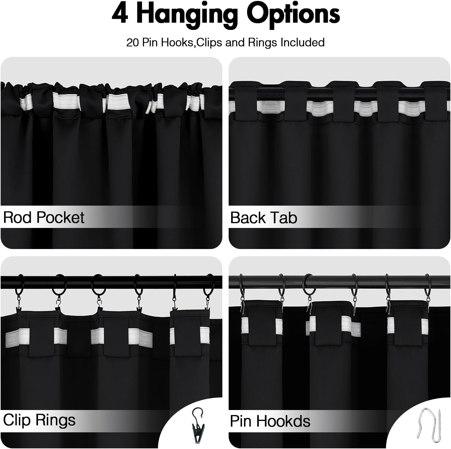 ANRODUO Back Tab Blackout Curtains for Bedroom Living Room, Rod Pocket Pinch Pleated Thermal Insulated Room Darkening Curtains 45 Inches Long 2 Panels, Black, 42 x 45 Inch
