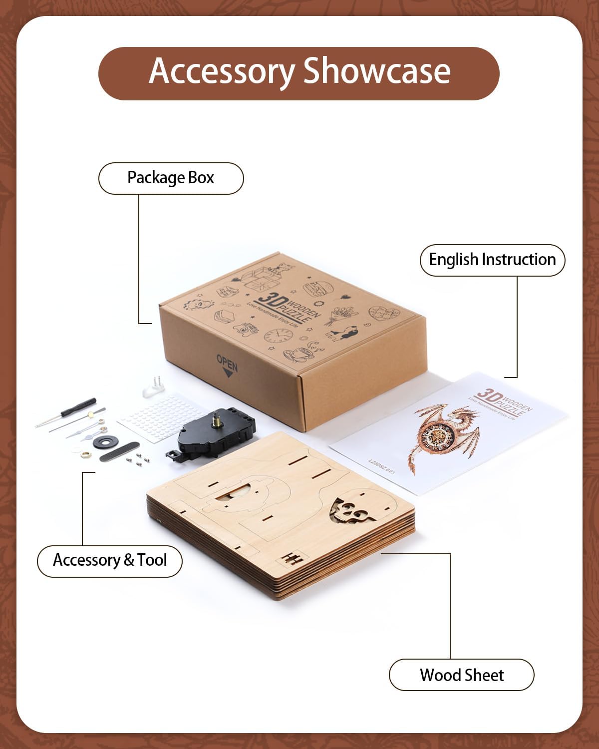 Rnfinewow 3D Wooden Puzzles for Adults, 3D Puzzles Dragon Clock Kit (with Pendulum), Beginners Wooden Puzzle for Adults Teens Home Wall Decor Clock Gifts for Men Women