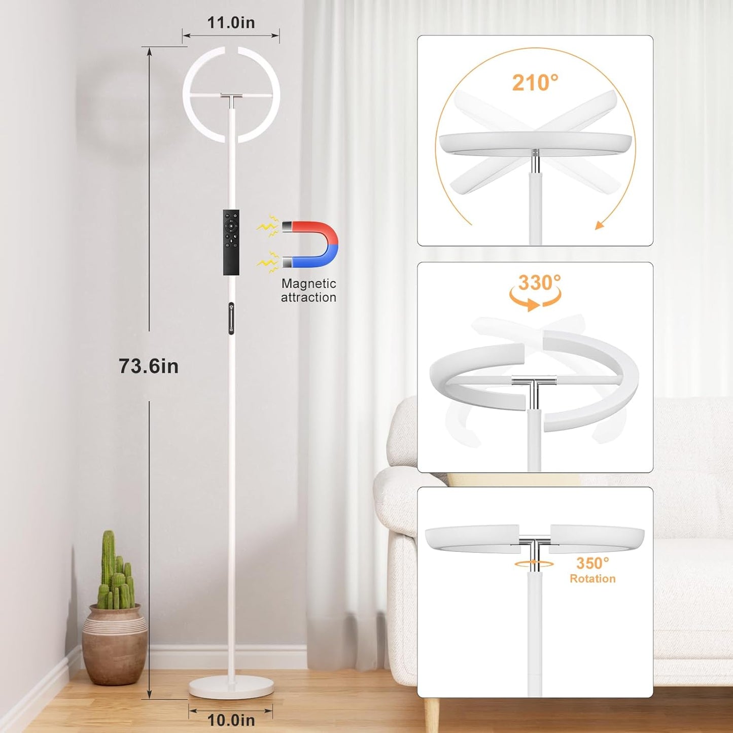 Floor Lamps for Living Room, 40W/2400LM LED Floor Lamp with Touch & Remote Control, 70" Tall Standing Lamp Stepless Dimmable, Modern Torchiere Corner Lamp for Bedroom, Office - White