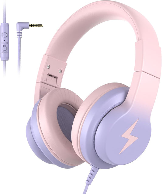 Kids Headphones, Wired Headphones for Kids Over Ear with Microphone, 85/94dB Volume Limiter Headphone for Girls Boys, Foldable Headphone for Learning & Entertainment, Gradient Pink