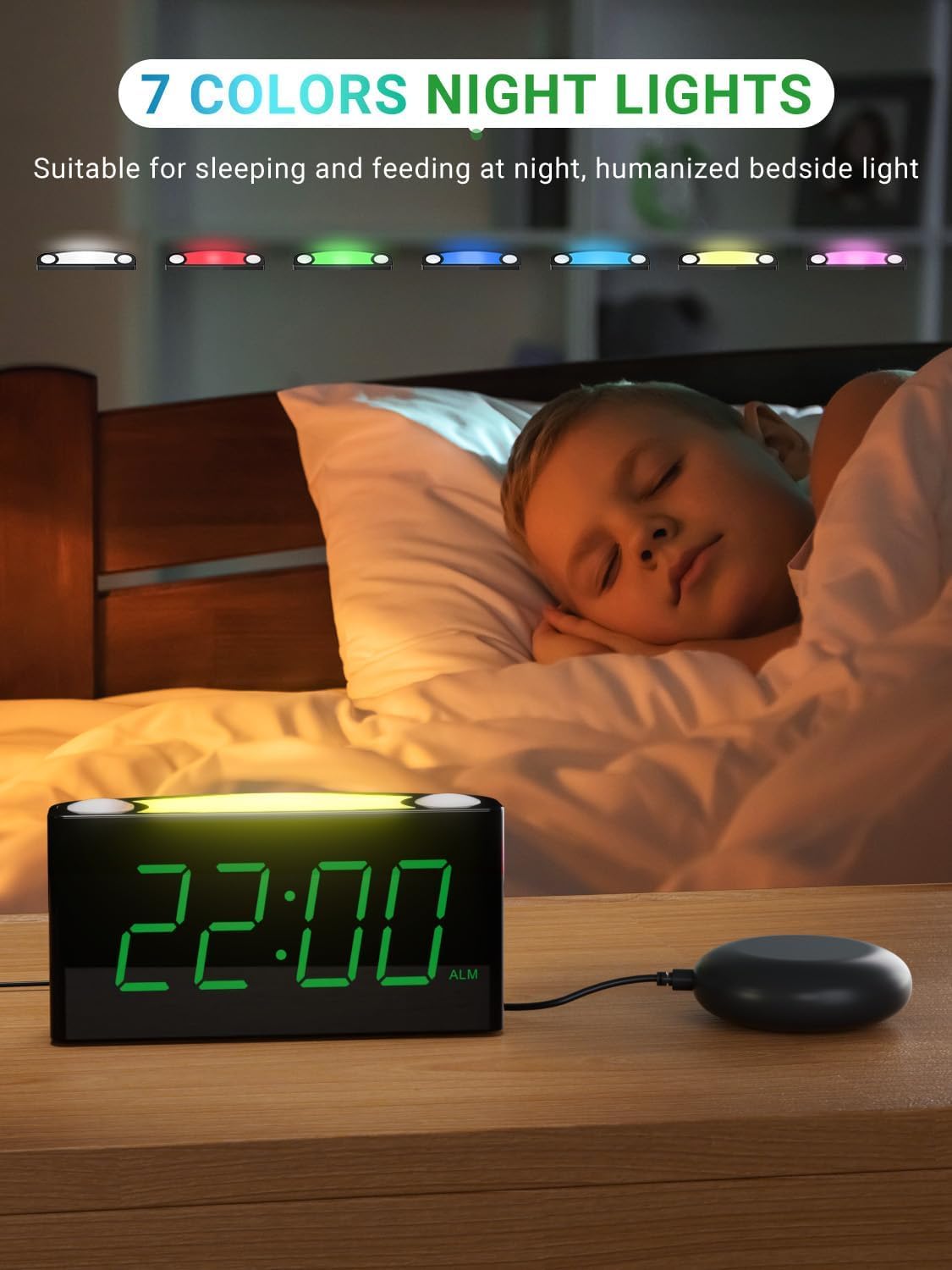 Extra Loud Vibrating Alarm Clock with Bed Shaker for Heavy Sleeper Deaf Hard of Hearing, Large LED Display Digital Clock for Bedroom,Dimmer,Night Light,USB Phone Charger,Battery Backup,Senior Teen Kid