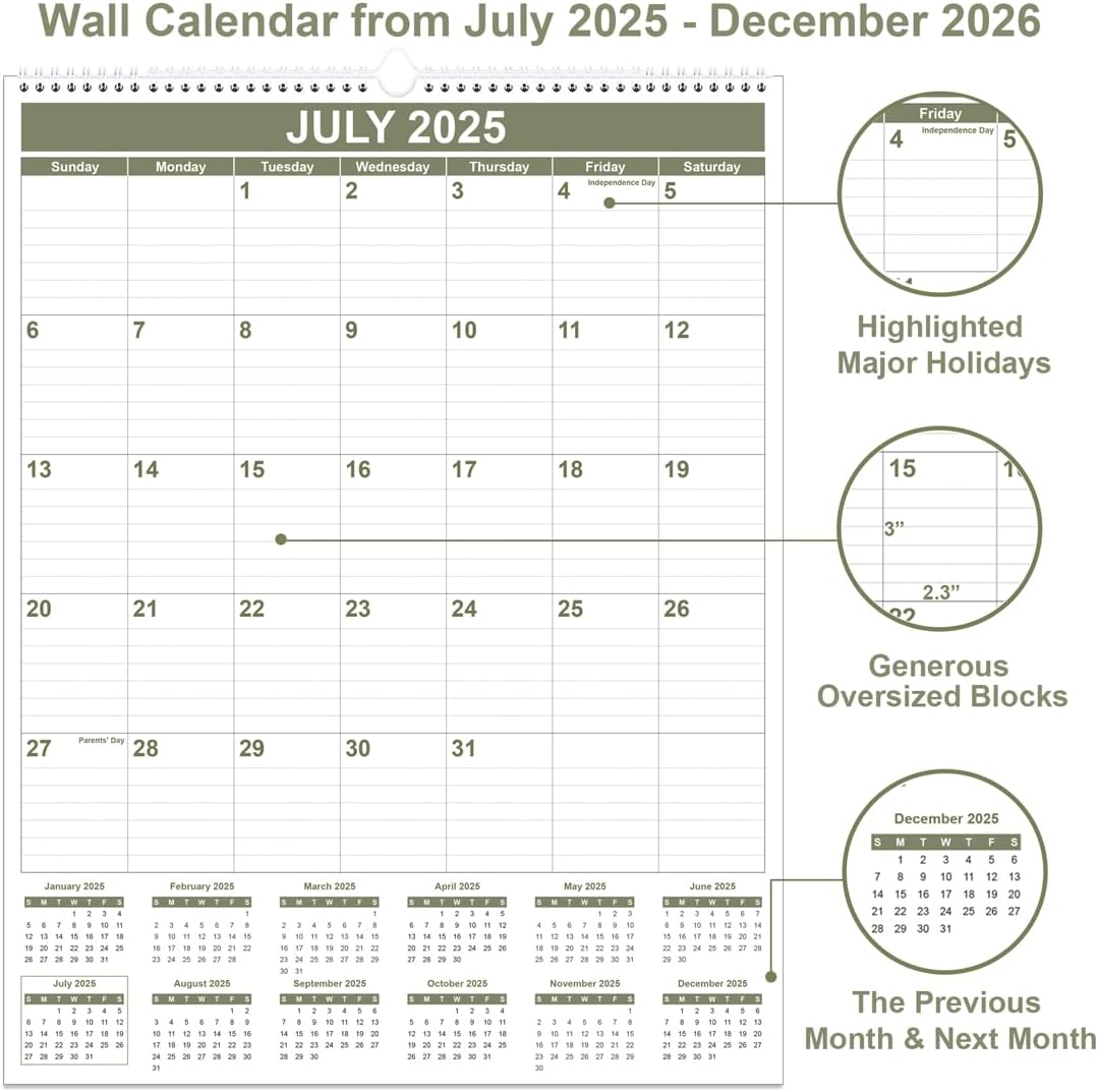 Large Calendar 2025-2026 with Spiral Bound - 18 Month Big Calendar from July 2025 to December 2026, Vertical Large Monthly Calendario 2025-2026 for Wall, 22" x 17", Cyan