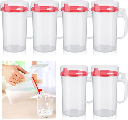 Newtay 6 Pack Early Learning Kids Easy Pouring Mini Pitchers Clear Plastic Pitcher with Lid and Handle Easy Pour Bottles 16 Oz. Jugs with Lids for Classroom Nursery Home (Red)