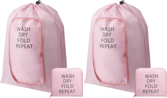 2 Pcs Travel Laundry Bag Washable Dirty Clothes Bag with Drawstring and Zipper for Suitcase, 22 x 18 Inch (Pink,Classic)