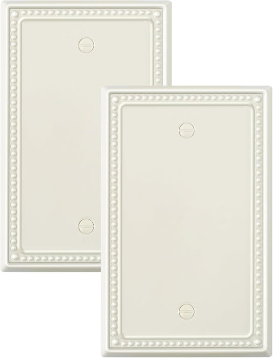 2-Pack Blank Outlet Cover Wall Plate, Metal Switch Plates Outlet Covers, Light Almond Pearls Beaded Decorative Wall Plates for Electrical Outlets