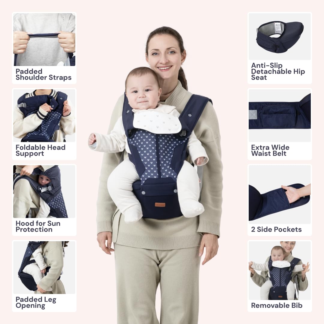 BabbleRoo Grow Carrier – Safety-Certified 6-in-1 Baby Carrier with Hip Seat, Ergonomic & Adjustable Toddler Carrier 7-50 lbs with Hip Support, Hood for Sun Protection, Newborn to Toddler, Navy Hearts
