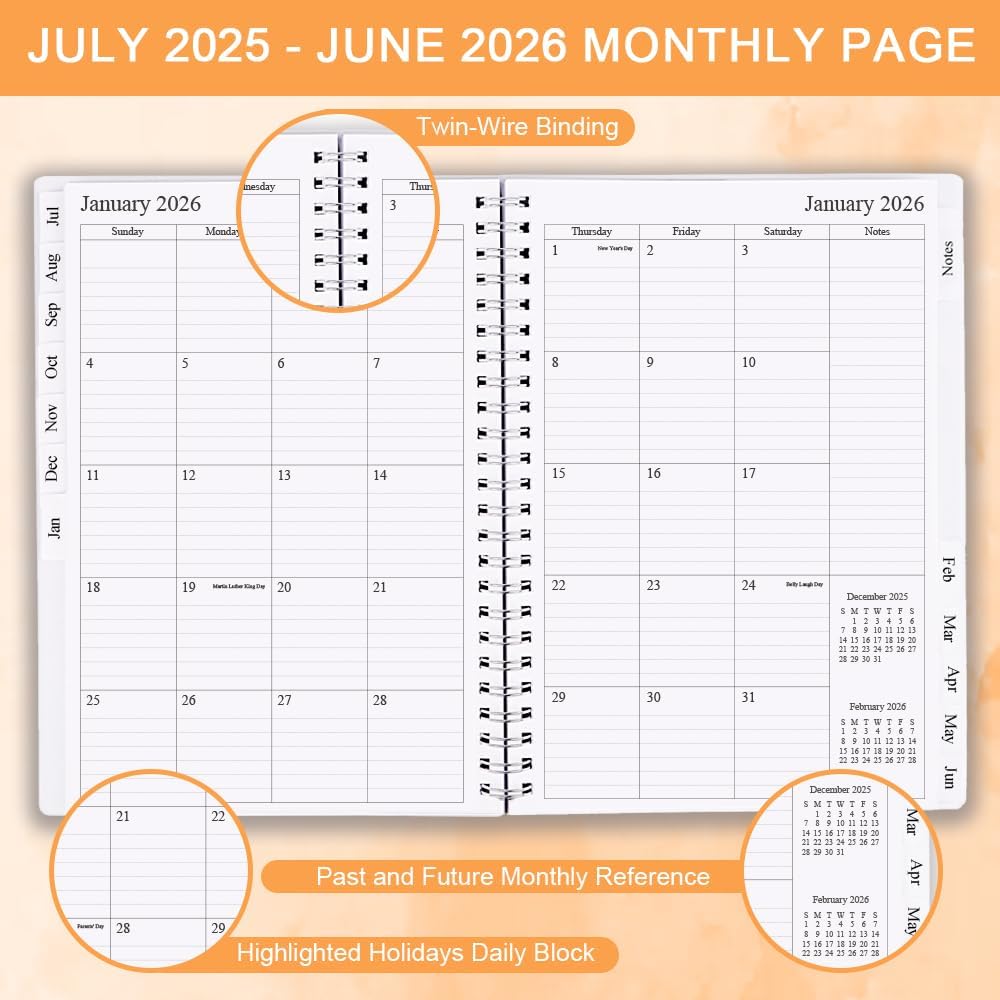2025-2026 Planner - Weekly & Monthly Planner Runs Jul 2025 to Jun 2026, 6.25" x 8.25", 12 Monthly Tabs, 14 Notes Pages, Inner Pocket, Flexible Cover with Twin-Wire Binding, Planners 2025-2026