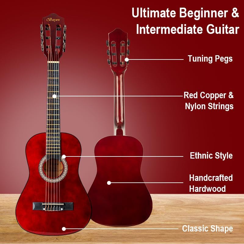 30in Beginner Kids Acoustic Guitar Basic Starter Kit Tuner Capo Strings Winders Strap Picks Student Youth Toddler Guitar Pickguard with Gig Bag Brown
