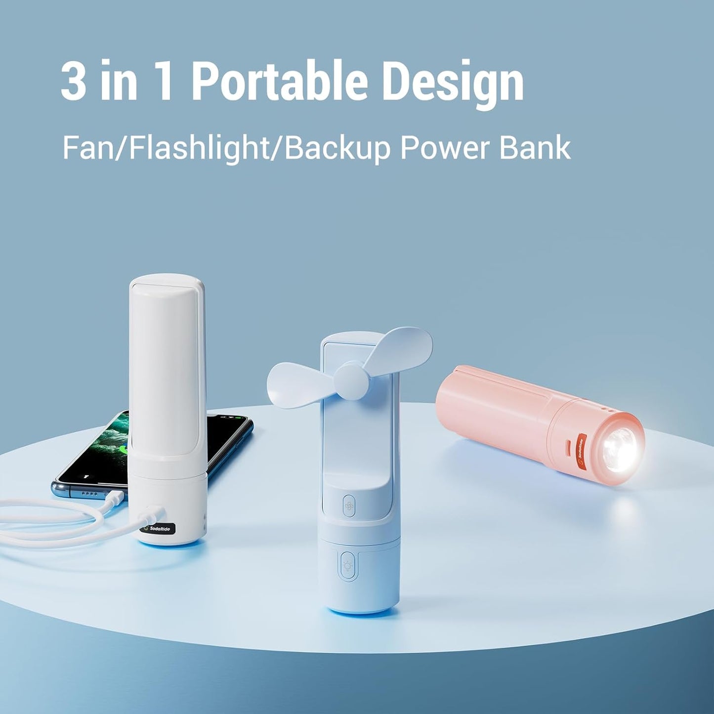 Airluxe Mini 3-in-1 Portable Fan Rechargeable- Handheld Fan with 35-Hour Battery Life, Fast Charging Power Bank&Flashlight- Personal Fan for Travel, Vacation, and Festival Essentials Blue