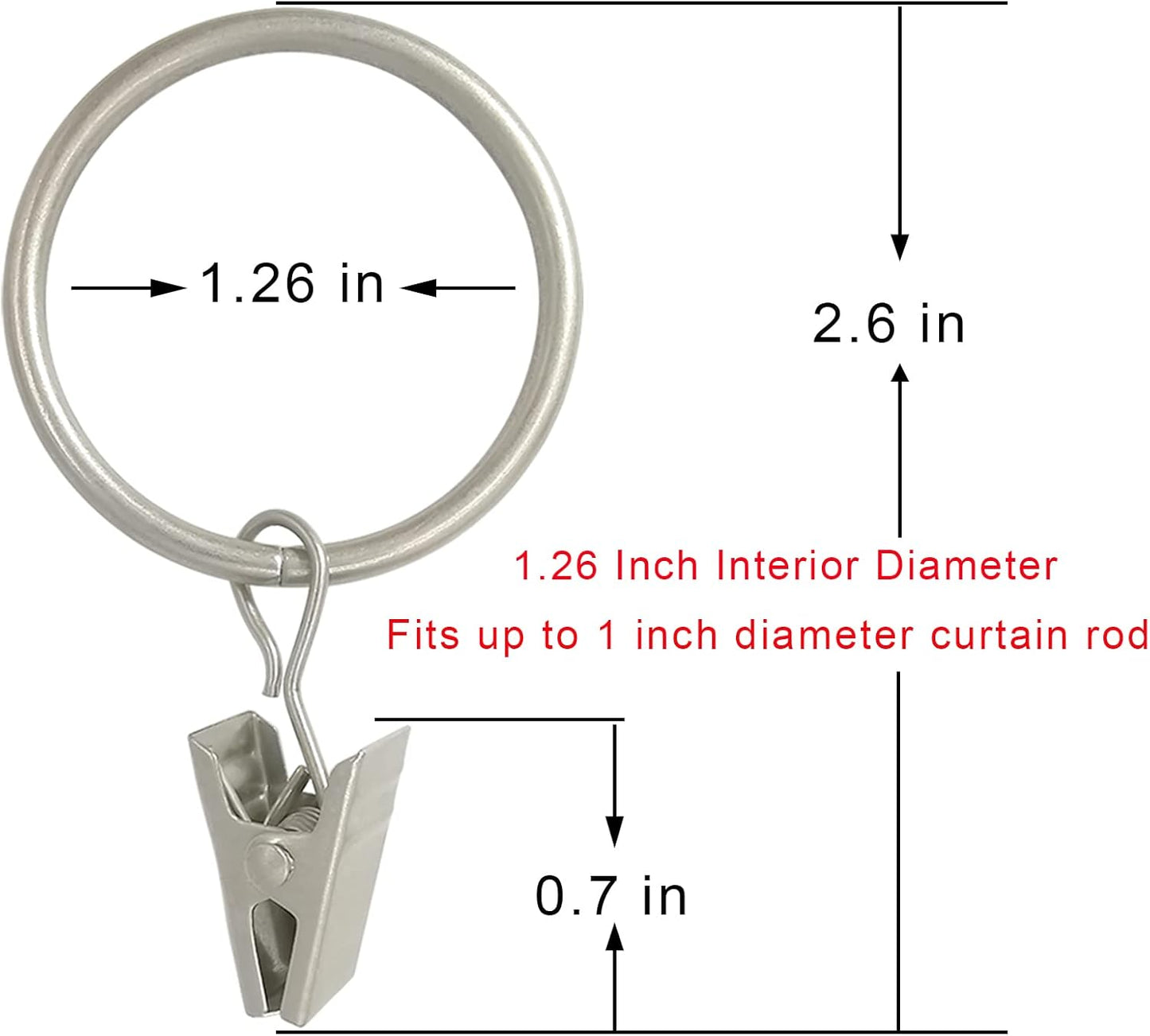 100 Pack Matte Silver Curtain Rings with Clips, Curtain Hooks Hangers Clip Rings for Hanging Drapes Bows Hat, Drapery Rings 1.26 in I D, Fits up to 1 in Diameter Curtain Rod.