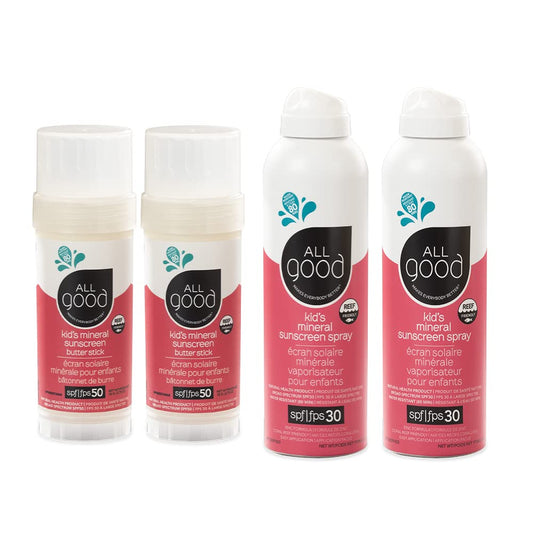 All Good Baby & Kids Mineral Face & Body Sunscreen - UVA/UVB Broad Spectrum, Coral Reef Friendly, Water Resistant, Zinc Oxide - (2) SPF 50 Butter Sticks & (2) SPF 30 Sprays