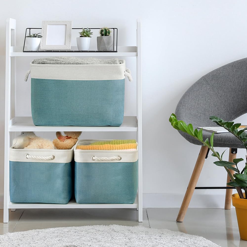 TheWarmHome Organization and Storage basket for Organizing - 3 Pack 16x12x12 inch Cube Storage Bin for Shelves, Fabric Storage Cubes for Organizer Cloth Closet Toy Box (White & Green)