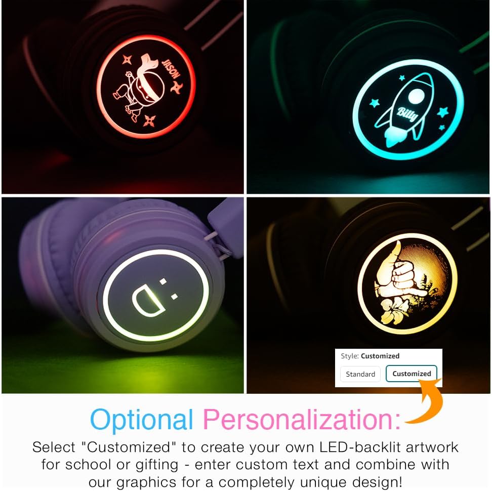 MEE audio KidJamz KJ55BT Bluetooth Wireless Safe Listening Headphones for Children with LED Lights, 85dB Volume Limiter, Microphone, & 40h Battery; Kids Headset for School/iPhone/iPad/Tablet (Black)