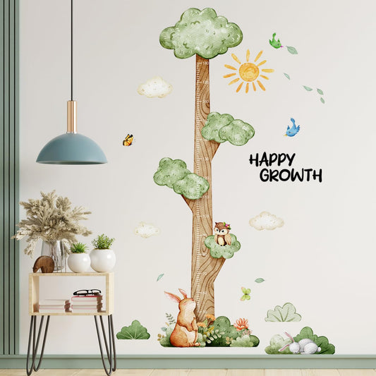 3D Cartoon Height Growth Chart for Kids Wall Stickers Removable DIY Jungle Animals and Plants Height Sticker Peel and Stick Sun White Clouds Wall Art Decor for Nursery Kids Bedroom Living Room