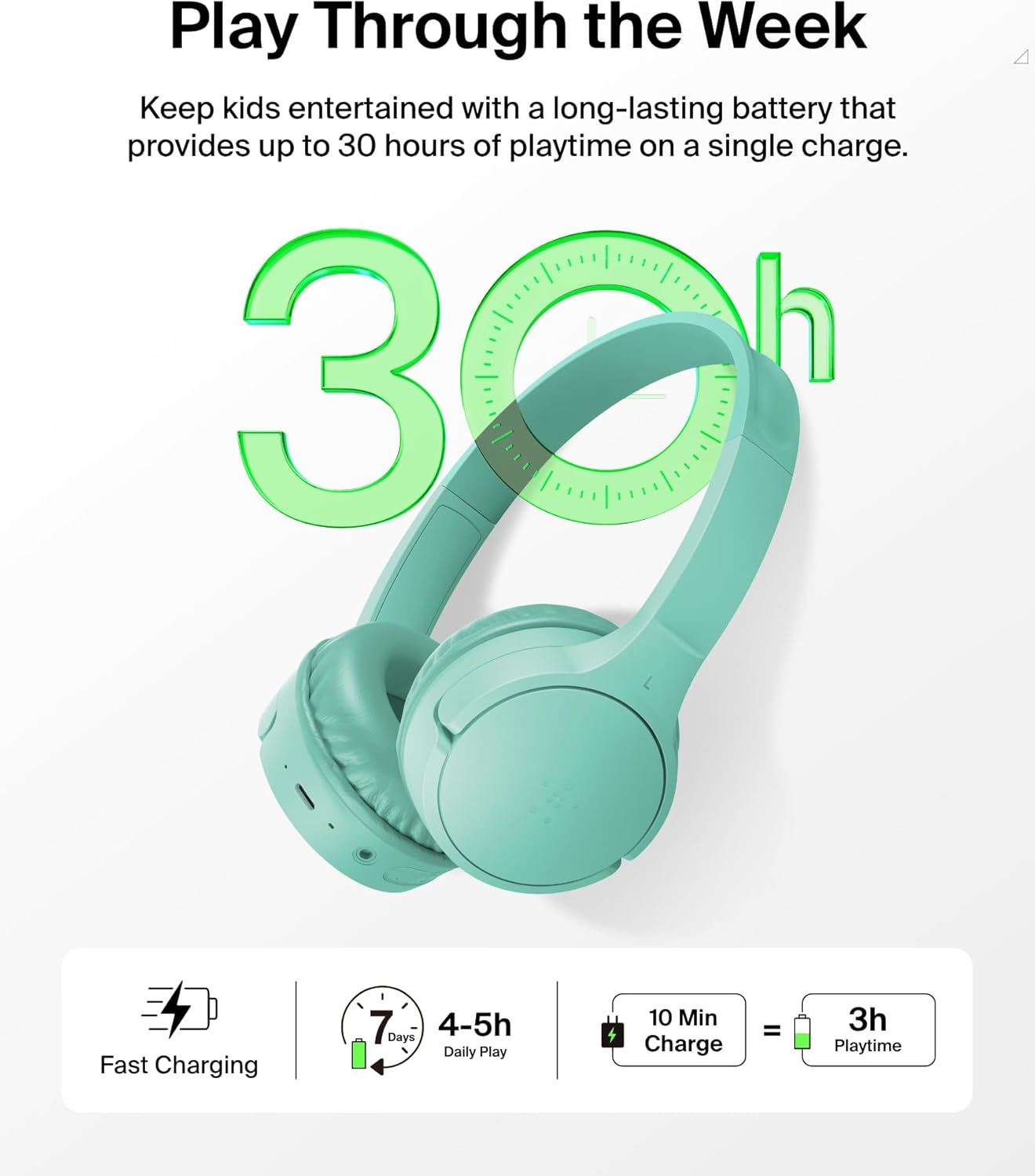 Belkin SoundForm Mini - Wireless Bluetooth Headphones for Kids with 30H Battery Life, 85dB Safe Volume Limit, Built-in Microphone - Kids On-Ear Earphones for iPhone, iPad, & More - Mint w/Case
