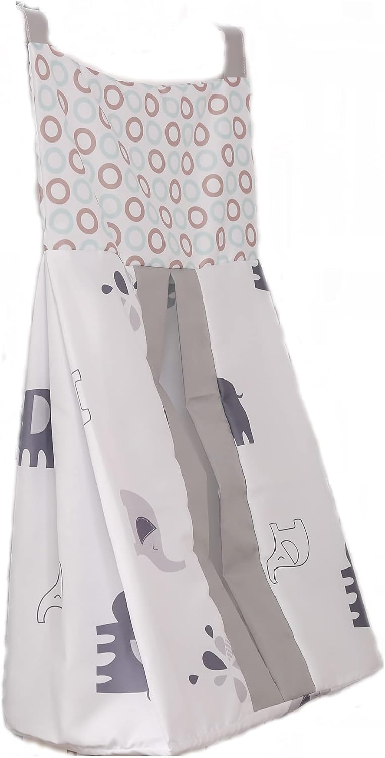 6 PCs Grey White Elephant Nursery Crib Bedding Set Quilt, Fitted Sheet, Skirt, Window Valance, Blanket, Diaper Organizer Baby Boy Elephant Theme Cot Bedding Set