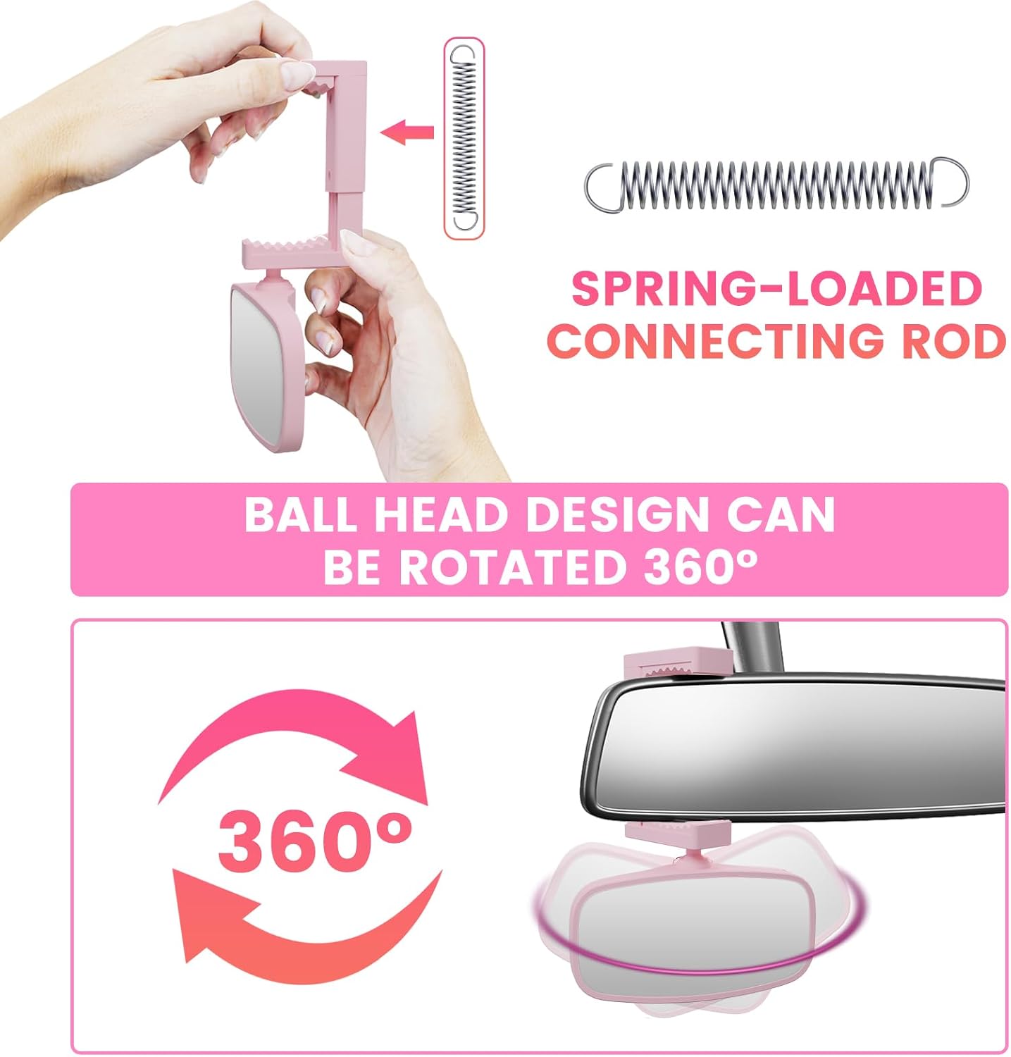 360-Degree Baby Car Mirror for Rear-Facing Seats,Kids Safety Mirrors with Tool-Free Installation,Kids Rear View Mirror BPA-Free Shatterproof & ASTM Certified (Adjustable 14"-22") (PINK)