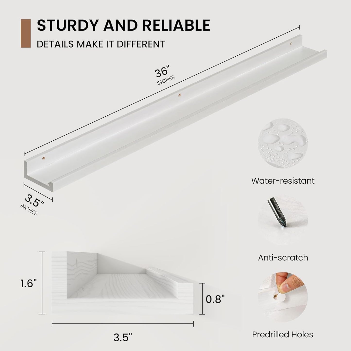 Picture Ledge Shelf, Solid Pine Wood Floating Shelves Set of 2, 36 Inches Nursery Book Shelves for Toys Storage, Kids Bookshelf Wall Mounted for Living Room Bedroom Decor Books Photo Frames, White