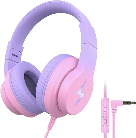 Kids Headphones, Wired Headphones for Kids Over Ear with Microphone, 85/94dB Volume Limiter Headphone for Girls Boys, Foldable Headphone for Learning & Entertainment, Gradient Red