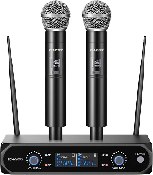 Aokeo Wireless Microphone System, Metal Wireless Mic Set with Case,Handheld Cordless Dynamic Microphones for Singing, Karaoke, Church, DJ,100ft Range