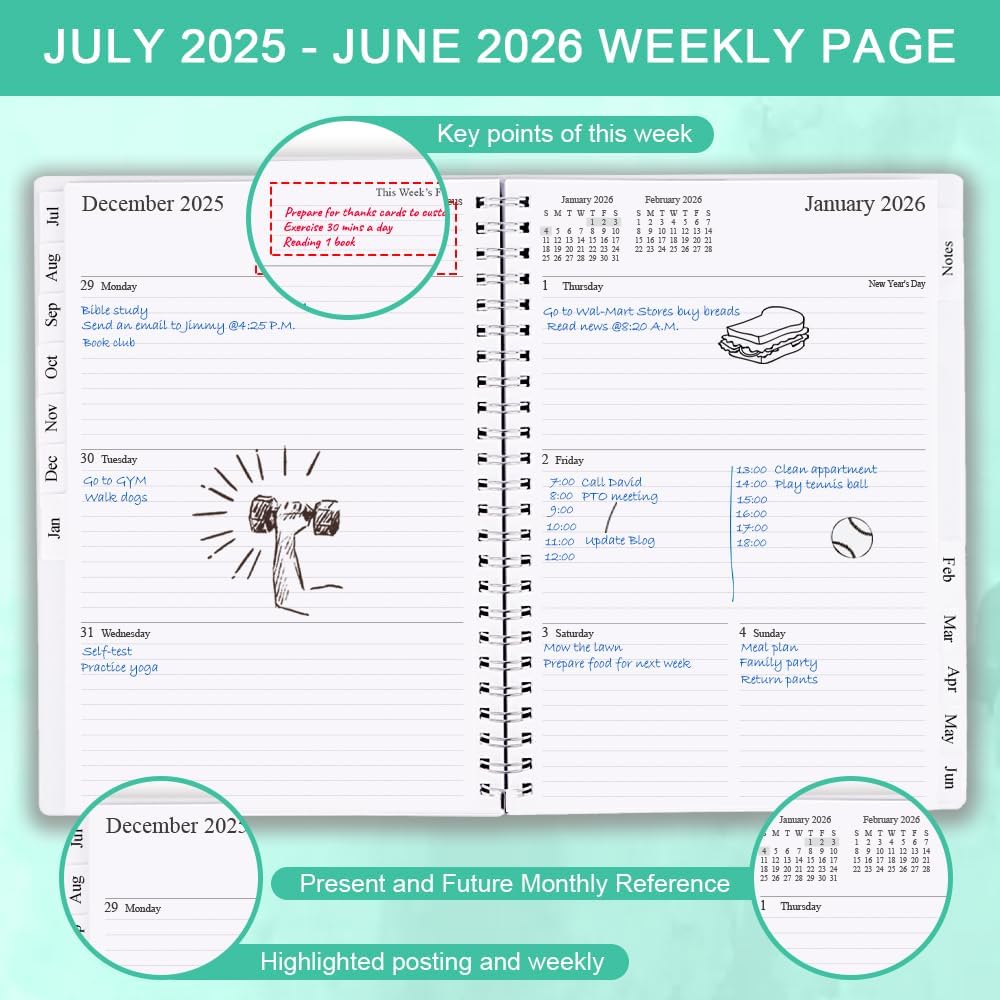 2025-2026 Planner - Weekly & Monthly Planner Runs Jul 2025 to Jun 2026, 6.25" x 8.25", 12 Monthly Tabs, 14 Notes Page, Plastic Pocket, Flexible Cover with Twin-Wire Binding, Planners 2025-2026