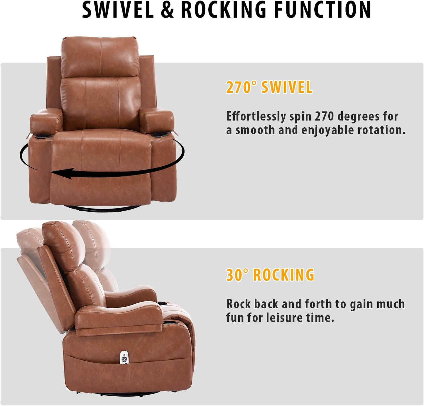 KCQ Electric Massage Recliner Chairs with Heat Overstuffed Faux Leather Power Rocking Reclining Chair with Cup Holders for Adults, Swivel Rocker Recliner Brown