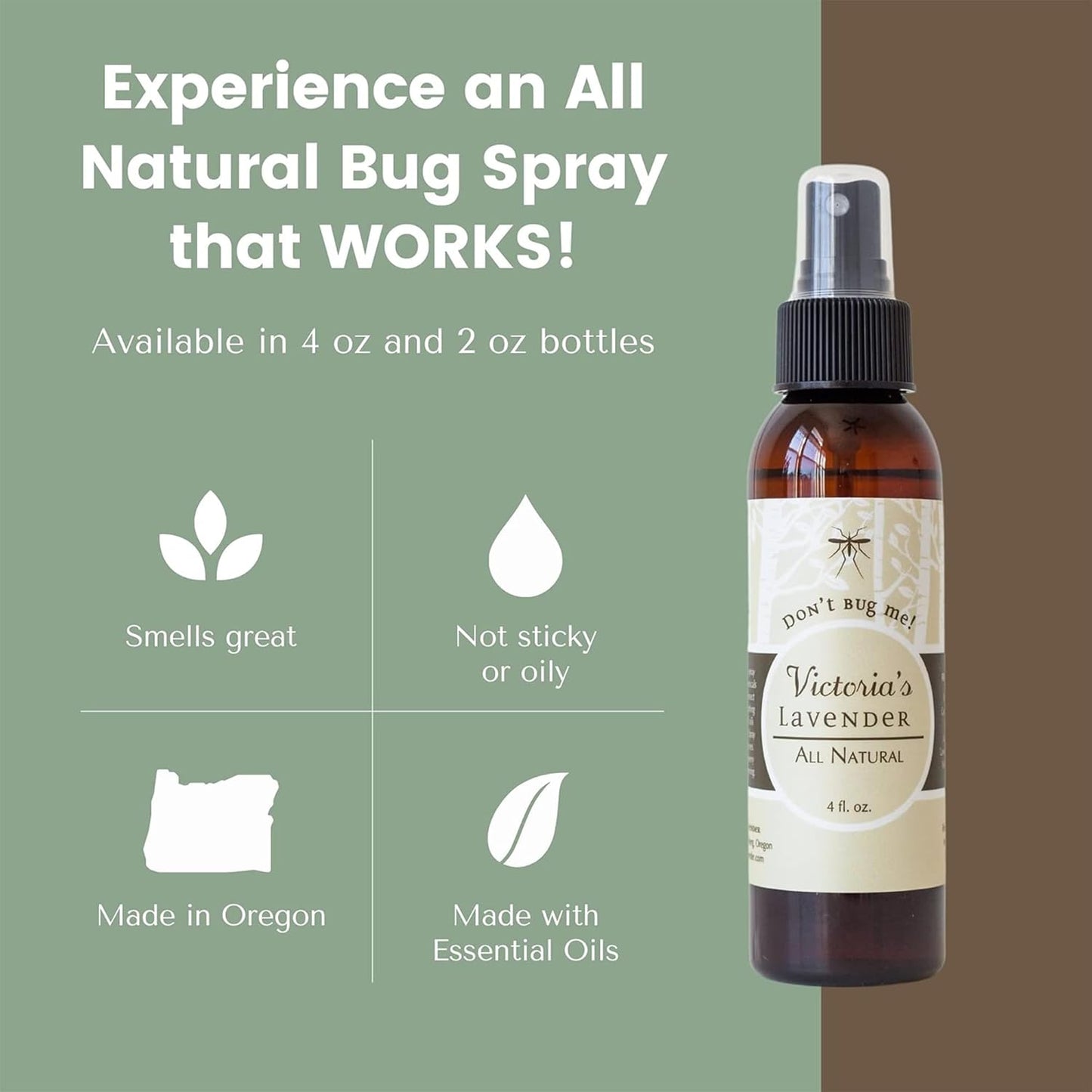 Victoria's Lavender Organic Don’t Bug Me Insect Spray DEET-Free with Lavender Essential Oils & Aloe Vera, Plant-Based Bug Spray for Sensitive Skin, Made in The USA - Outdoor, Hiking, Travel (Two 4oz)