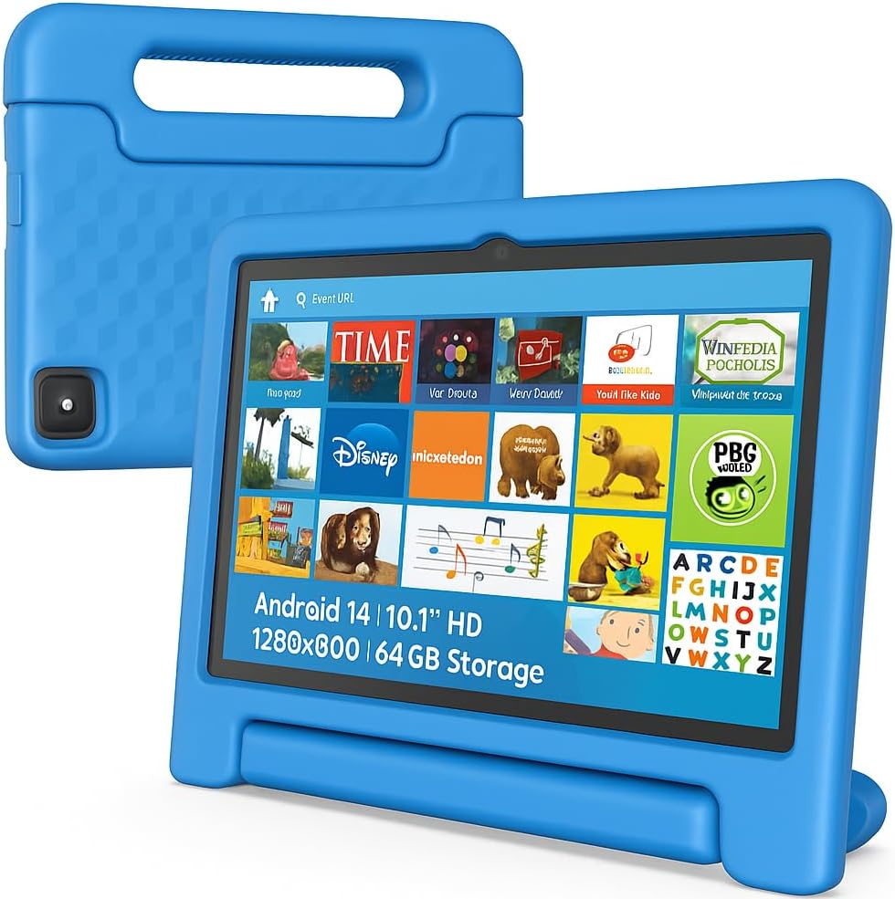 10.1" Kids Tablet Android 14 | 64GB Octa-Core 8GB RAM | Shockproof Case & Parental Control | 12H Fast Charge | HD Display w/Google Kids Space & Educational Apps | WiFi 6/Bluetooth/GPS | Ages 3-12