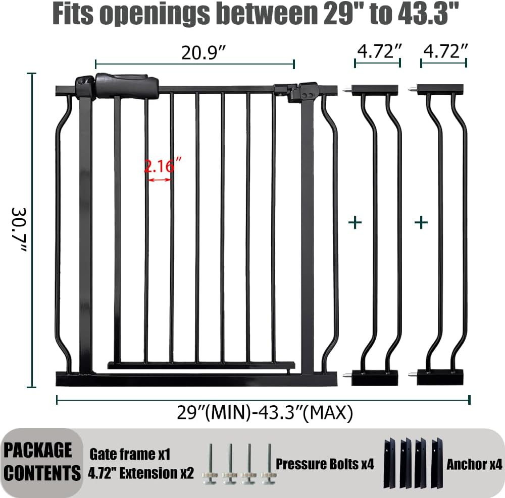 Expandable Baby & Dog Gate 38.5-43.3 Inch, Tension Mounted Indoor Safety Gate for Stairs & Doorways - Black Metal, 30 Inch Tall