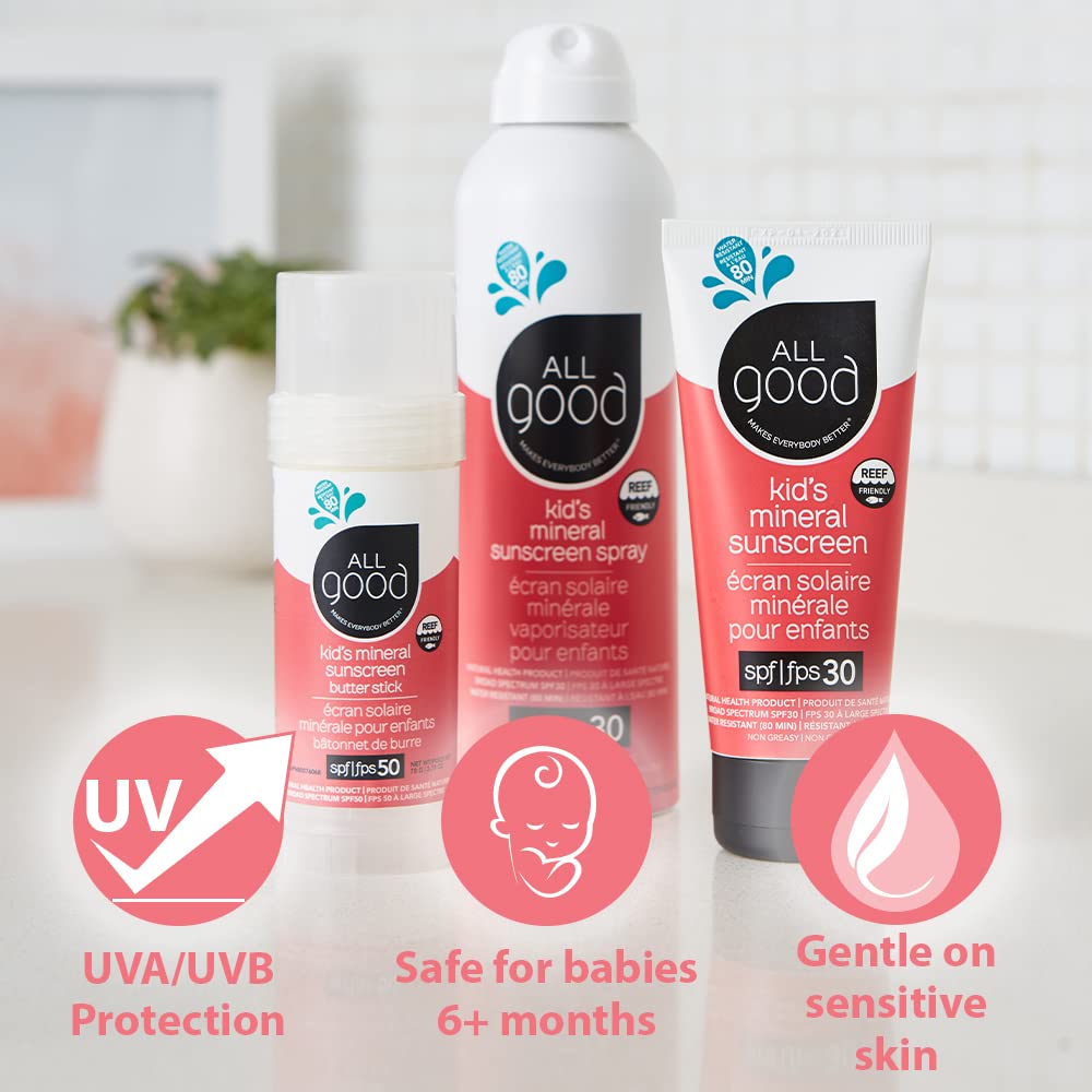 All Good Baby & Kids Mineral Face & Body Sunscreen - UVA/UVB Broad Spectrum, Coral Reef Friendly, Water Resistant, Zinc Oxide - (2) SPF 50 Butter Sticks & (2) SPF 30 Sprays