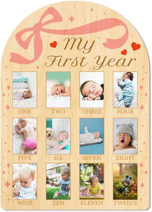 ORIGACH My First Year Baby Growth Photo Display Wood Board - 12 Months Newborn Milestones Photo Board - Neutral Baby Keepsake Frame 1st Birthday Party Nursery Decor New Mom Gift - Bow & Heart