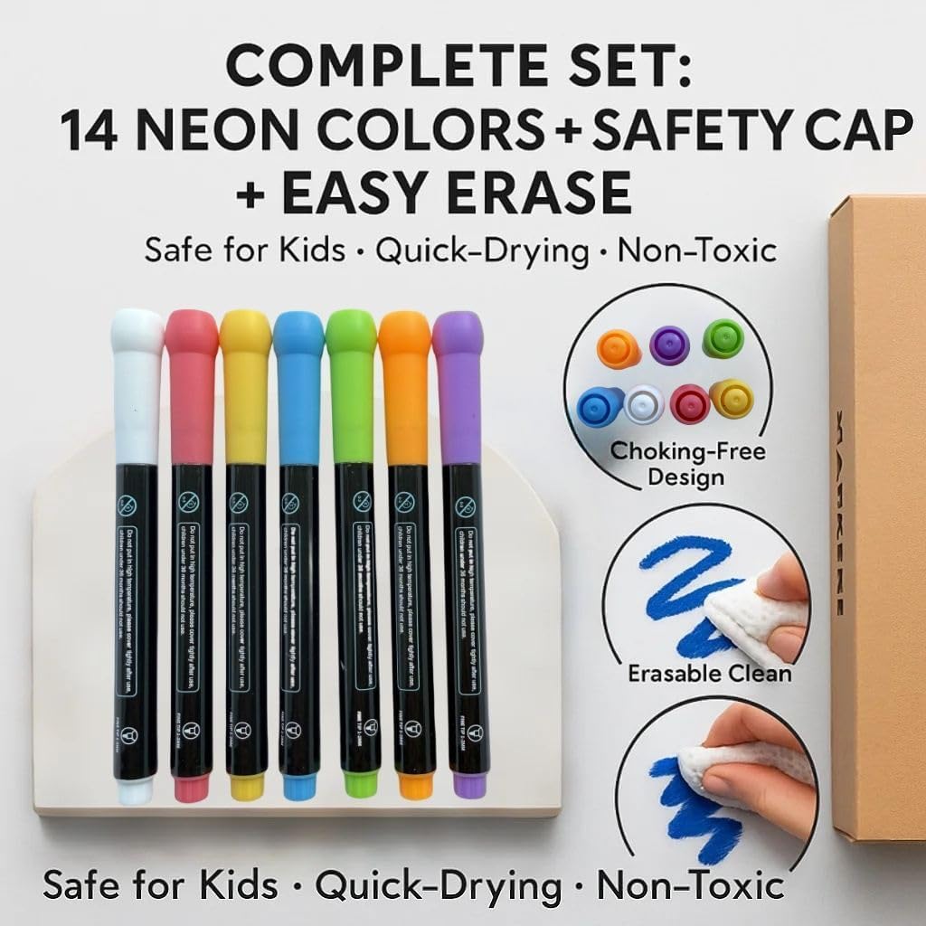 14-Color Neon Markers, erasable liquid chalk for LED Note Board, Whiteboard, Glass, Porcelain, Fabric – Non-Toxic, Quick-Dry, Safe for Kids, Anti-Choke Caps, Easy Erase