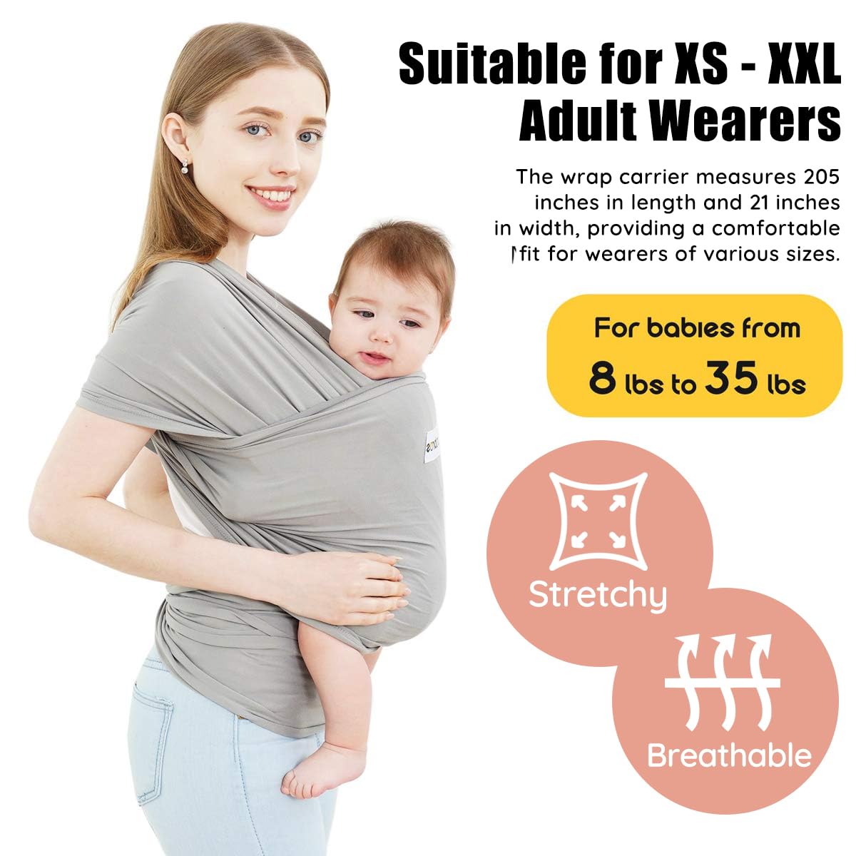 Acrabros Baby Wrap Carrier,Hands Free Baby Carrier Sling,Lightweight,Breathable,Softness,Perfect for Newborn Infants and Babies Shower Gift,Grey