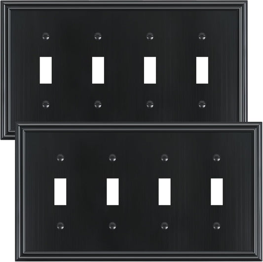 2-Pack Quad Toggle Light Switch Cover Plate, Durable Zinc Alloy Decorative Switch Plate Covers, Black 4 Gang Wall Plate for Toggle Light Switch and Rotary Dimmer Switch