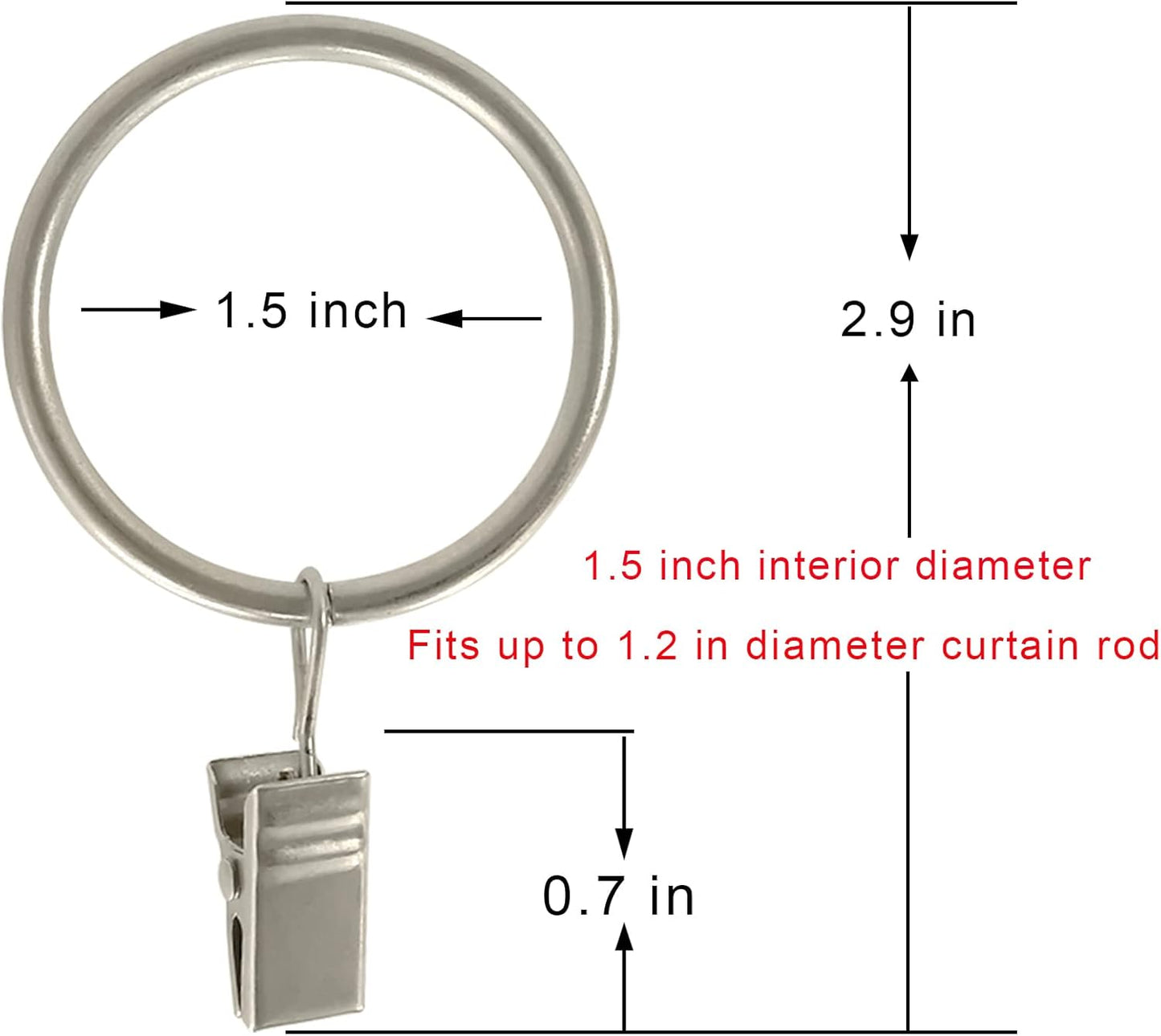 100 Pack Matte Silver Curtain Rings with Clips, Curtain Hooks Hangers Clip Rings for Hanging Drapes Bows Hat, Drapery Rings 1.5 in I D, Fits up to 1.2 in Diameter Curtain Rod.