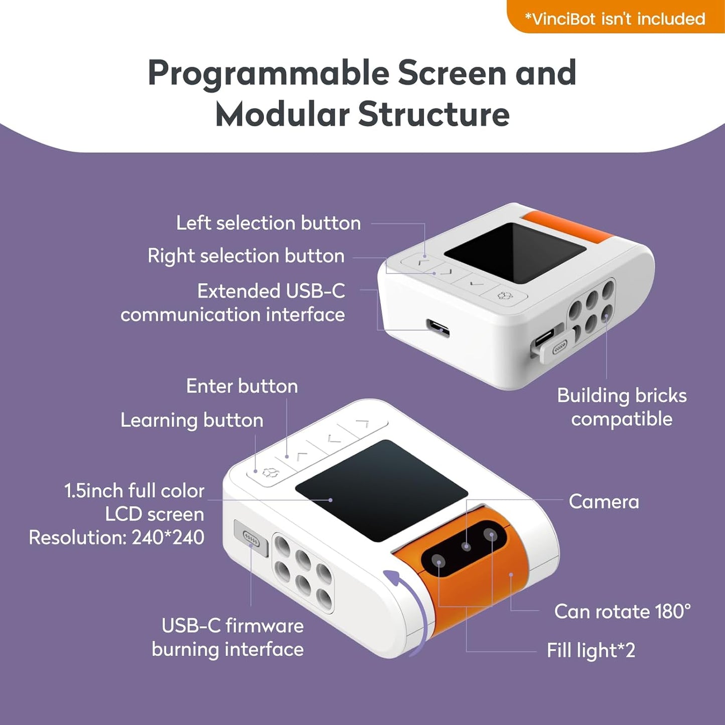 AI Vision Kit for VinciBot with a 180° Flip Camera, Programmable Screen and Modular Structure Can Add 7 Visual Functions, for Beginners and Advanced Learners of AI from 8-12