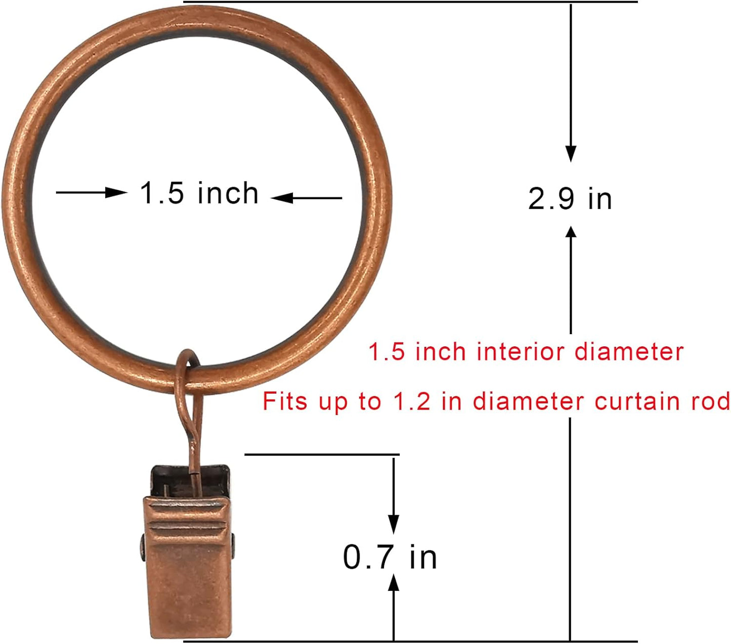 40 Pack Antique Copper Curtain Rings with Clips, Curtain Hooks Hangers Clip Rings for Hanging Drapes Bows Hat, Drapery Rings 1.5 in I D, Fits up to 1.2 in Diameter Curtain Rod.