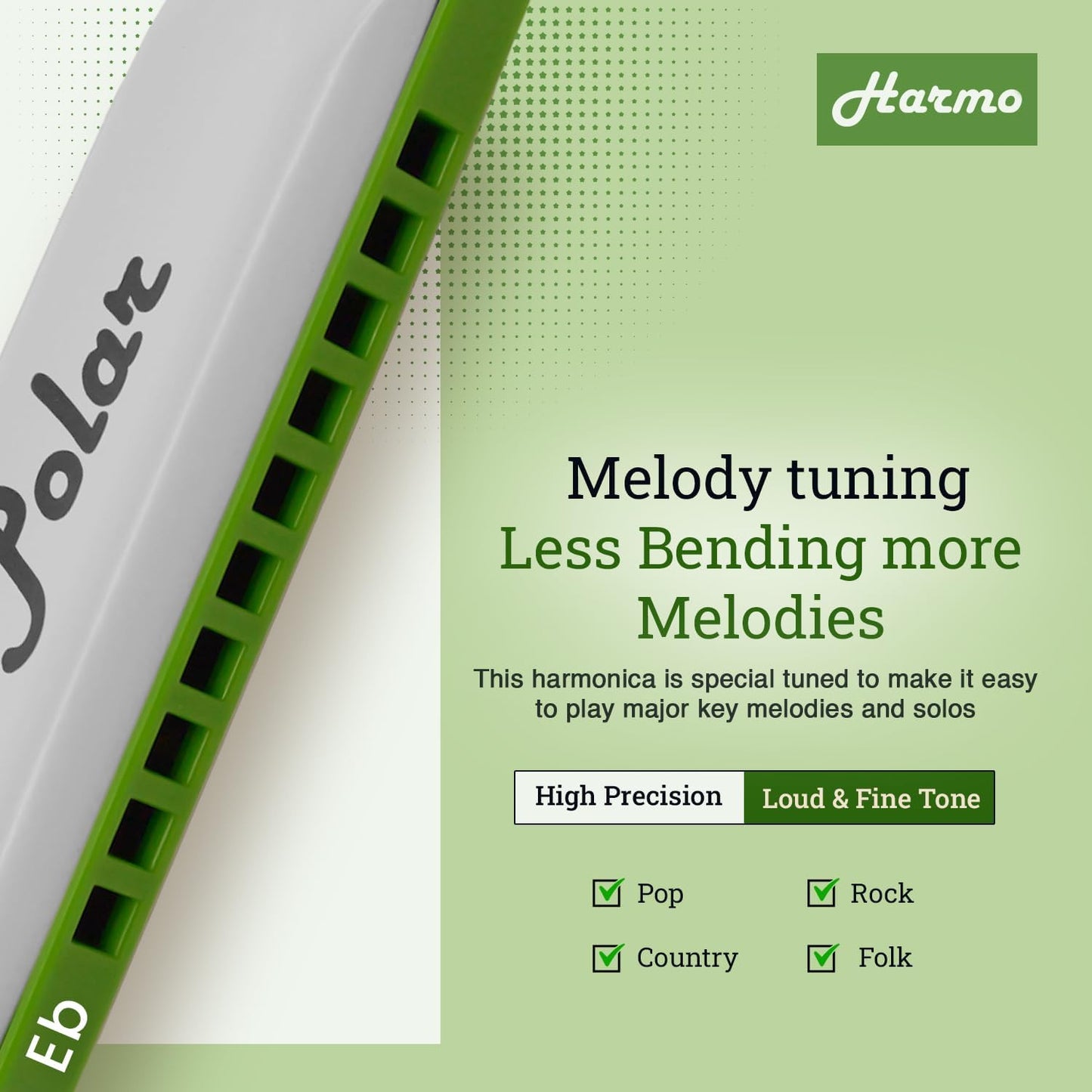 Polar Diatonic Melody Tuned Harmo Harmonica Key of Eb - Specially Tuned for Easy Melodies in Cross Harp, 2 Octaves Without Bends, Loud & Responsive with Smooth Edges - USA-Checked