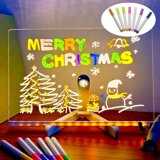 LED Note Board with Colors, LED Drawing Board for Kids, Lighted Acrylic Dry Erase Message Board, Illuminated Notepad with Adjustable Stand and 7 Pens (5.9‘ × 5.9’)