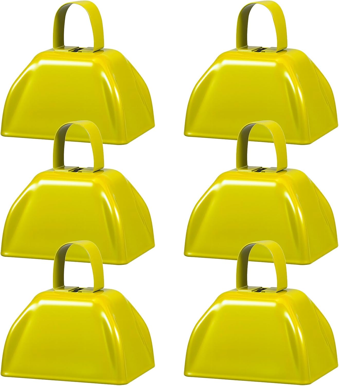 6 Pcs 3 Inch Metal Cowbells Noise Maker Hand Percussion Cow Bells with Handles for Sporting Events Cheering Noisemakers Weddings Team Spirit Sports Party Favors (Yellow)