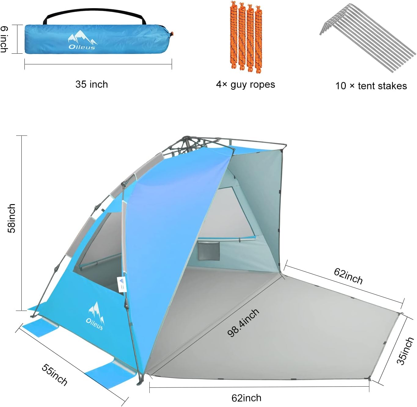 Oileus XX-Large Beach Tent Sun Shelter for 5-6 Person Portable Sun Shade Instant Pop Up Tent for Beach with Carrying Bag, Stakes, 6 Sand Pockets, Anti UV for Fishing Hiking Camping Blue