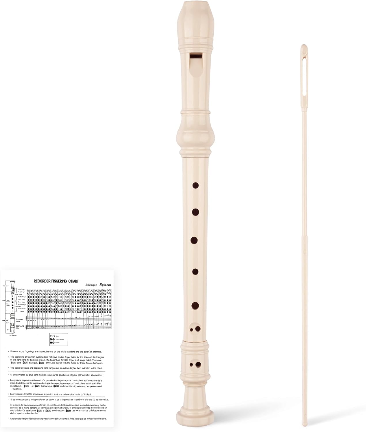 8-Hole Soprano Descant Recorder Baroque Style Kids Music Flute with Cleaning Rod & Case Bag for School Student Home Entertainment - Beige