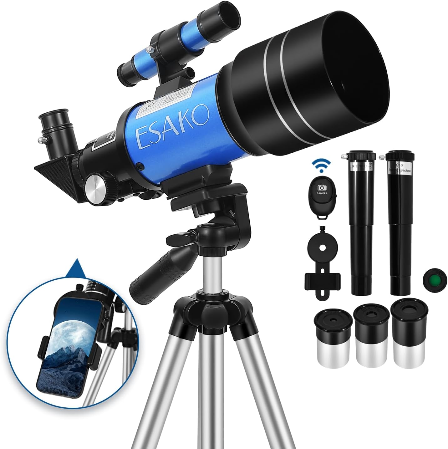 ESAKO Telescope for Kids & Beginners, 70mm Aperture Portable Telescopes with 3 Eyepieces, Height Adjustable Tripod & Phone Adapter & Remote Control