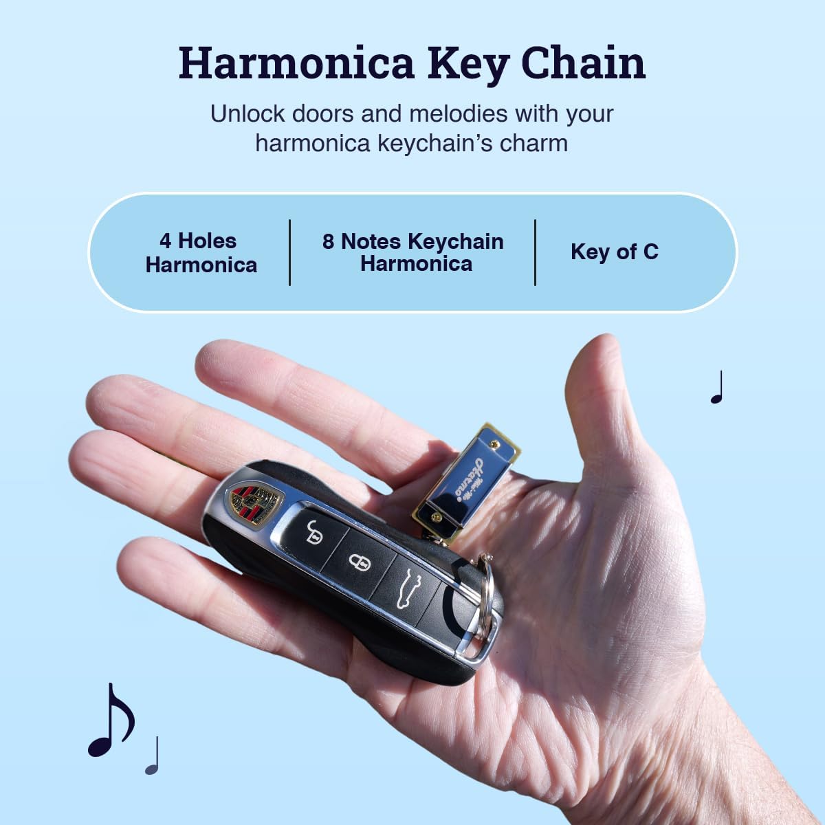 Harmo Mini-Mo Keychain Harmonica - 4 Hole 8 Tunes Type C Mini Harmonica Keychain, Stylish and Portable Mini Keychain, USA Designed Stainless Steel, Ideal Music Keychain Accessory