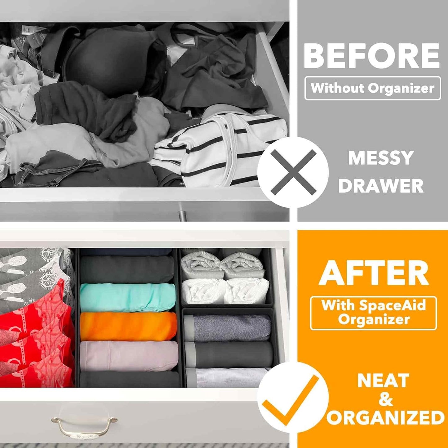 SpaceAid Drawer Organizer for Clothes, 6 Pack Dresser Drawer Organizer Bins, Closet Organizers and Storage Dividers for Clothing, Underwears, Socks (Black)