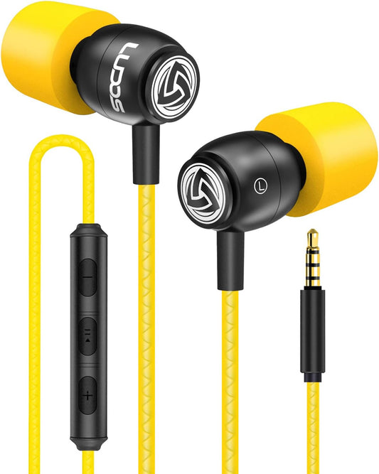 LUDOS Clamor Wired Earbuds in-Ear Headphones, 5 Years Warranty, Earphones with Microphone, Noise Isolating Ear Buds, Memory Foam for iPhone, Samsung, School Students, Kids, Women, Small Ears - Yellow