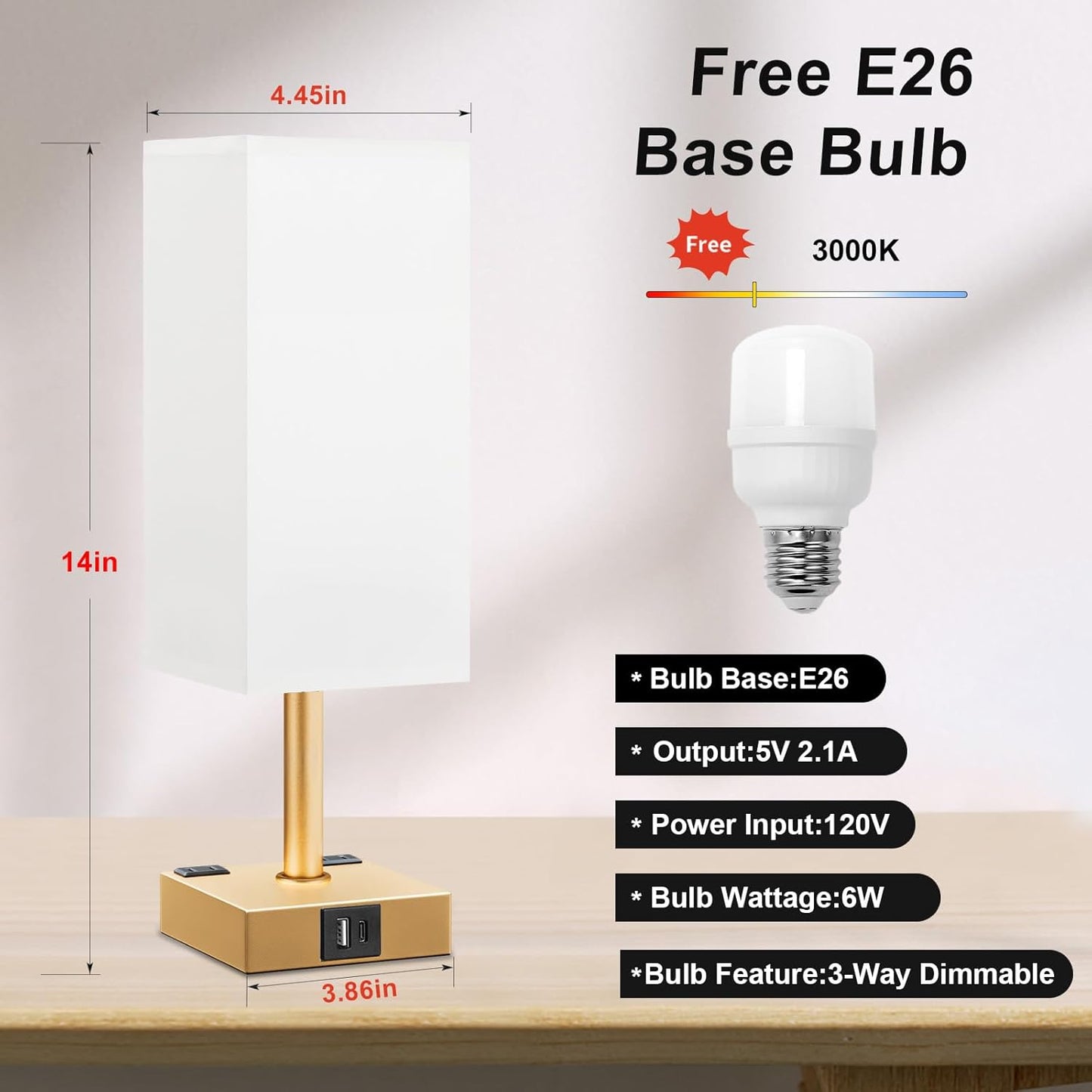 Gold White Touch Table Lamp - Bedside Lamp with USB A + Type C Charging Ports and Two AC Outlets, Small Night Stand with E26 LED Bulb, Desk Light for Bedroom Living Room Office Dorm