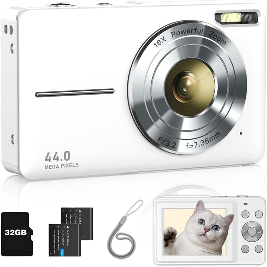 Digital Camera, Kids Camera FHD 1080P Point and Shoot Camera with 16X Zoom Anti Shake, Small Compact Camera for Teen Starter Children Kid Student Girl Boy(Pearl White)