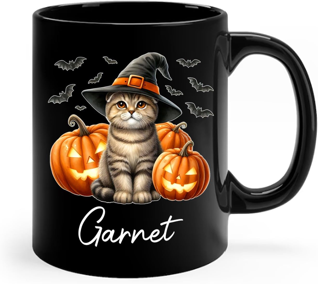 Personalized Name Scottish Fold Halloween Ceramic Mug, Custom Scottish Fold with Pumpkins Coffee Cup, Cat Wearing Witch Hat Cup Gift for Family Friend, Halloween Cat Pet Black Mug 11oz 15oz