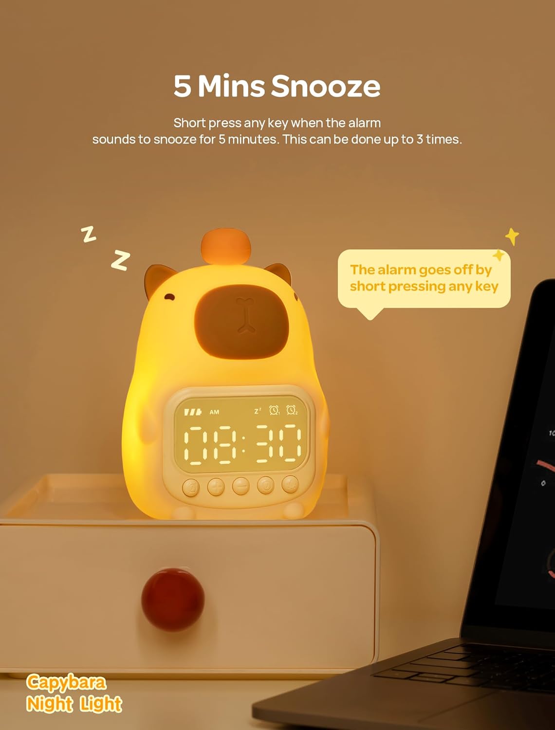 MASHI Capybara Alarm Clock with Night Light, ok to Wake Clock for Kids, Cute Capybara Night Light, Snooze, Toddler Sleep Training Clock,Gift for Kids Girls Boys Teens Birthday Room Decor